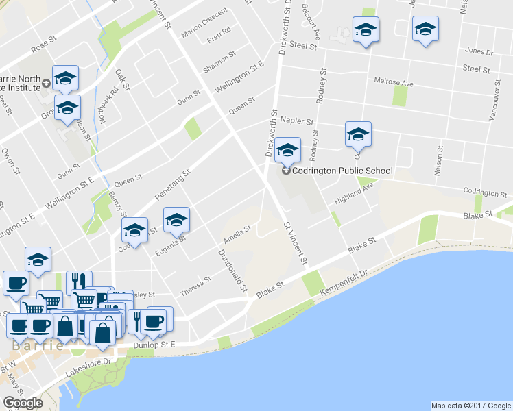 map of restaurants, bars, coffee shops, grocery stores, and more near 128 Duckworth Street in Barrie