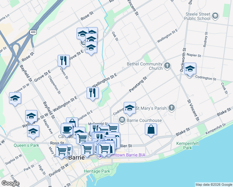 map of restaurants, bars, coffee shops, grocery stores, and more near 129 Berczy Street in Barrie