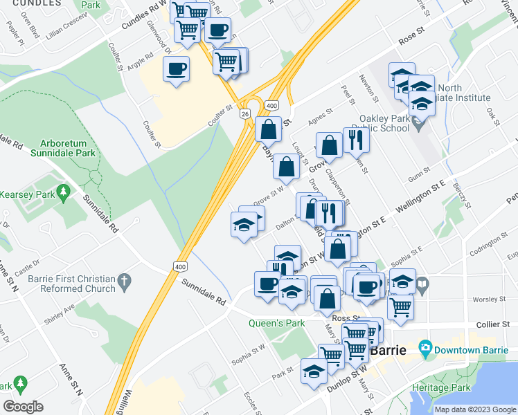 map of restaurants, bars, coffee shops, grocery stores, and more near 37 Grove Street West in Barrie