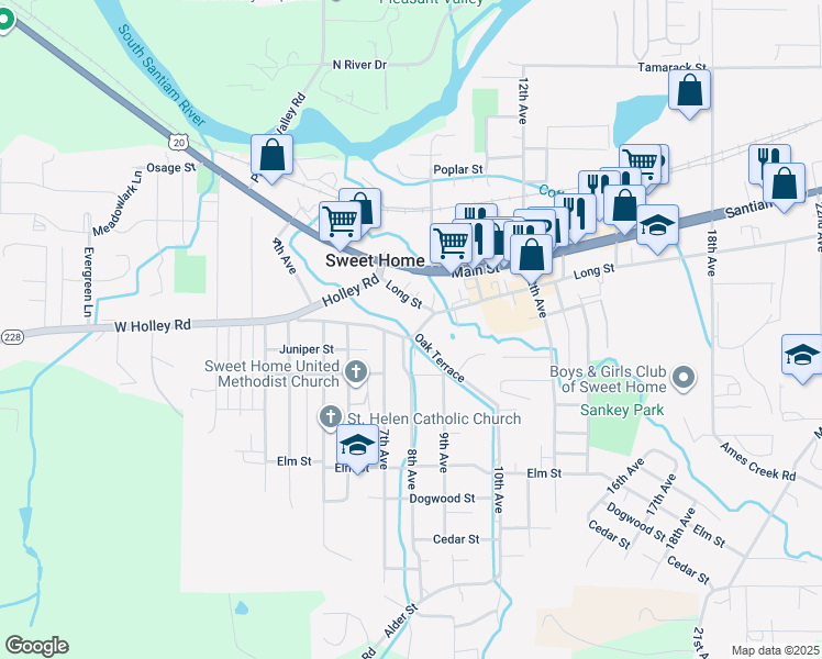 map of restaurants, bars, coffee shops, grocery stores, and more near 800 Oak Terrace in Sweet Home