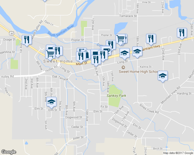 map of restaurants, bars, coffee shops, grocery stores, and more near 1036 12th Avenue in Sweet Home