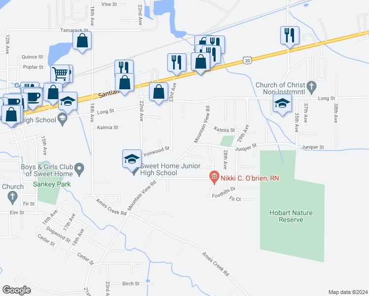 map of restaurants, bars, coffee shops, grocery stores, and more near 980 Mountain View Road in Sweet Home