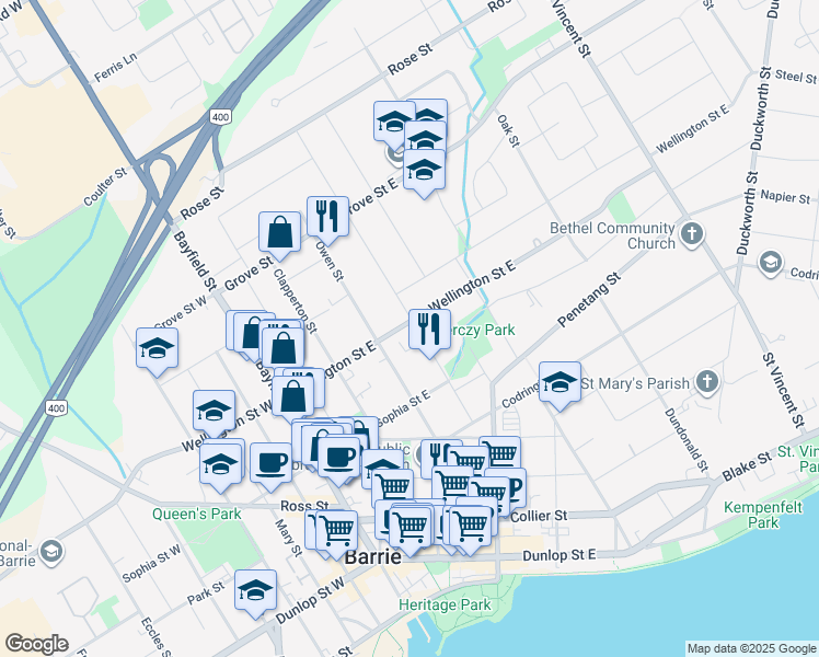 map of restaurants, bars, coffee shops, grocery stores, and more near 81 Wellington Street East in Barrie