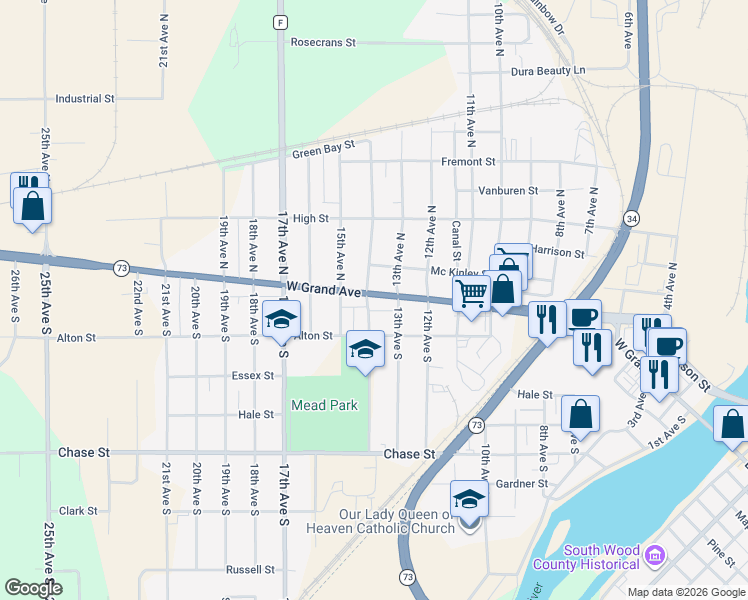 map of restaurants, bars, coffee shops, grocery stores, and more near 121 14th Avenue South in Wisconsin Rapids