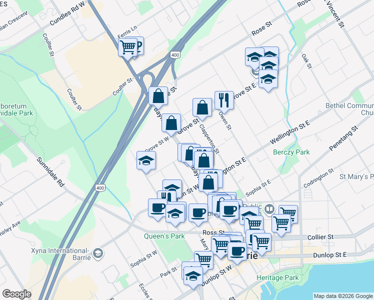map of restaurants, bars, coffee shops, grocery stores, and more near 203 Bayfield Street in Barrie