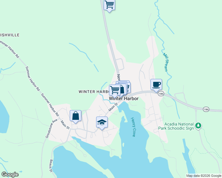 map of restaurants, bars, coffee shops, grocery stores, and more near A1 Misty Harbor Drive in Winter Harbor