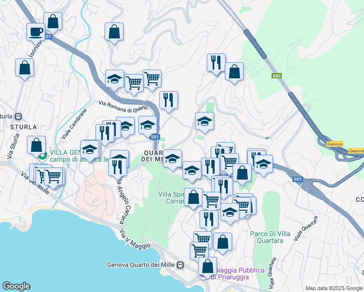 map of restaurants, bars, coffee shops, grocery stores, and more near Via Luigi Sartorio in Genoa