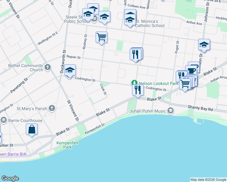 map of restaurants, bars, coffee shops, grocery stores, and more near 150 Collingwood Street in Barrie