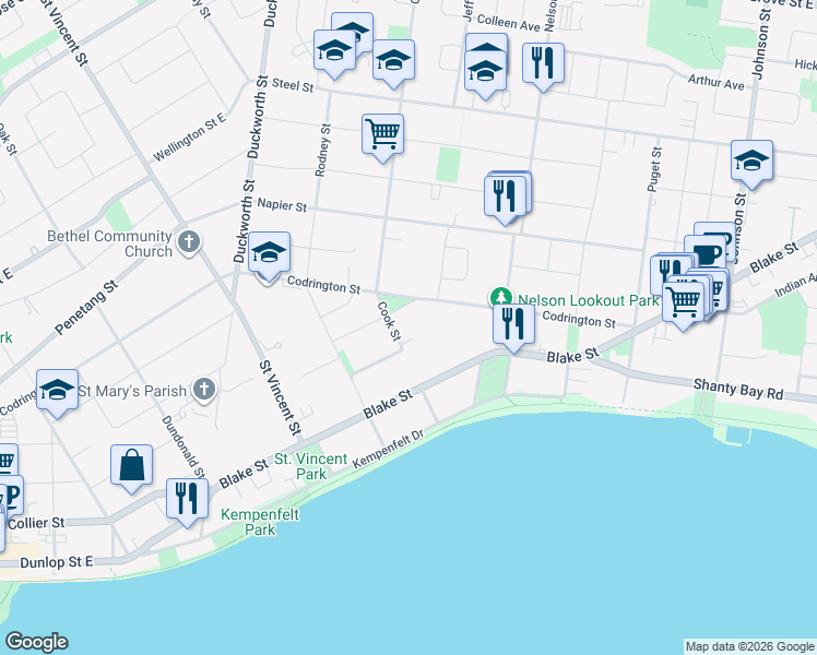 map of restaurants, bars, coffee shops, grocery stores, and more near 142 Collingwood Street in Barrie