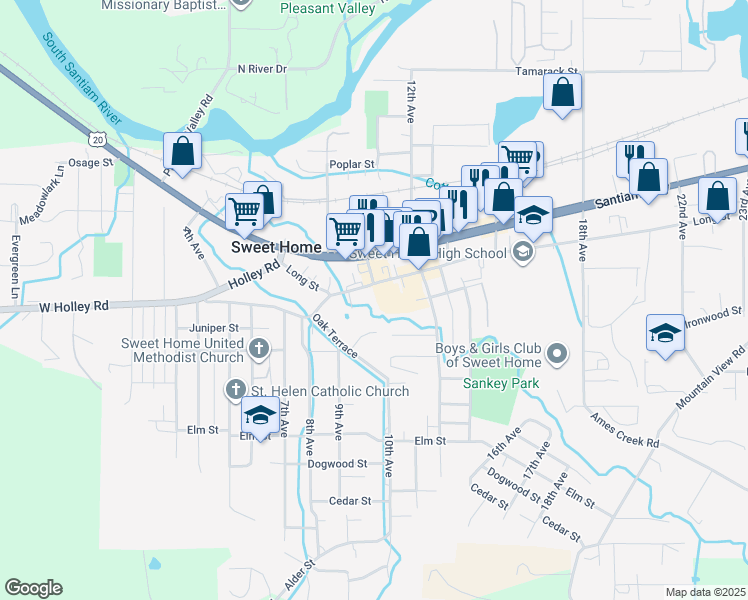 map of restaurants, bars, coffee shops, grocery stores, and more near 1106 Juniper Street in Sweet Home