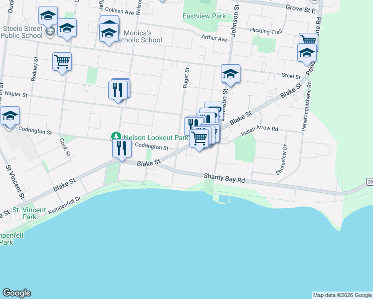 map of restaurants, bars, coffee shops, grocery stores, and more near 299 Blake Street in Barrie