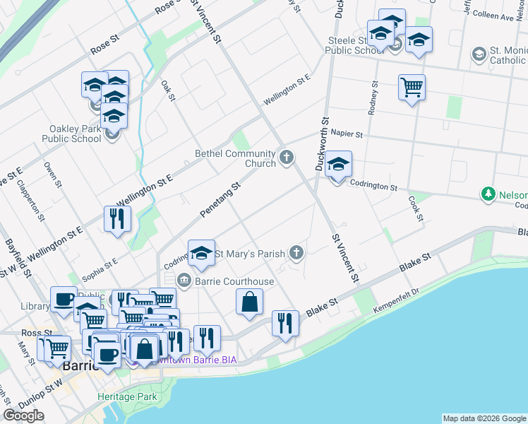 map of restaurants, bars, coffee shops, grocery stores, and more near 74 Eugenia Street in Barrie