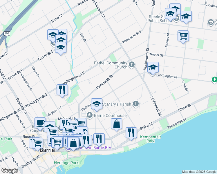 map of restaurants, bars, coffee shops, grocery stores, and more near 120 Dundonald Street in Barrie