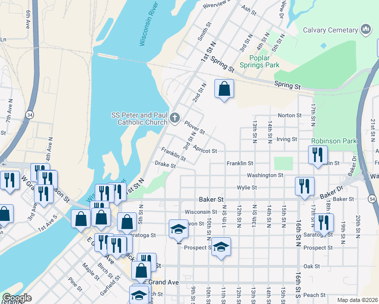 map of restaurants, bars, coffee shops, grocery stores, and more near 1031 Broadway Street in Wisconsin Rapids
