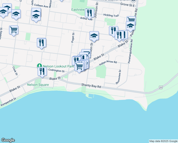 map of restaurants, bars, coffee shops, grocery stores, and more near in Barrie