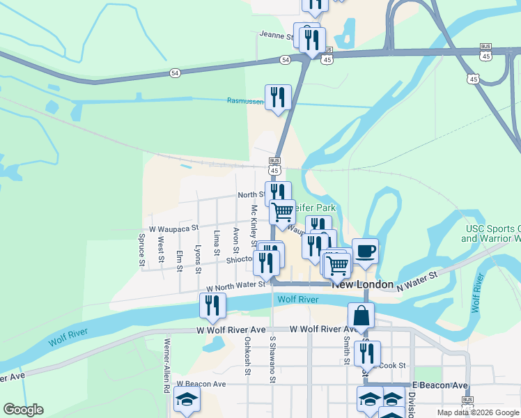 map of restaurants, bars, coffee shops, grocery stores, and more near 333 North Shawano Street in New London