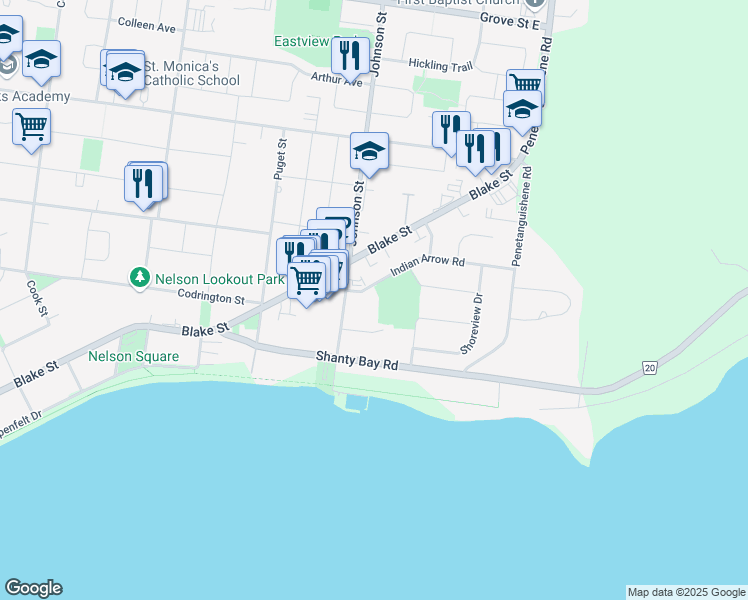 map of restaurants, bars, coffee shops, grocery stores, and more near in Barrie