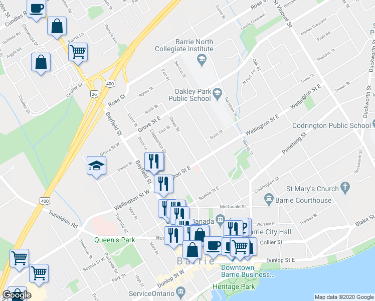 map of restaurants, bars, coffee shops, grocery stores, and more near in Barrie