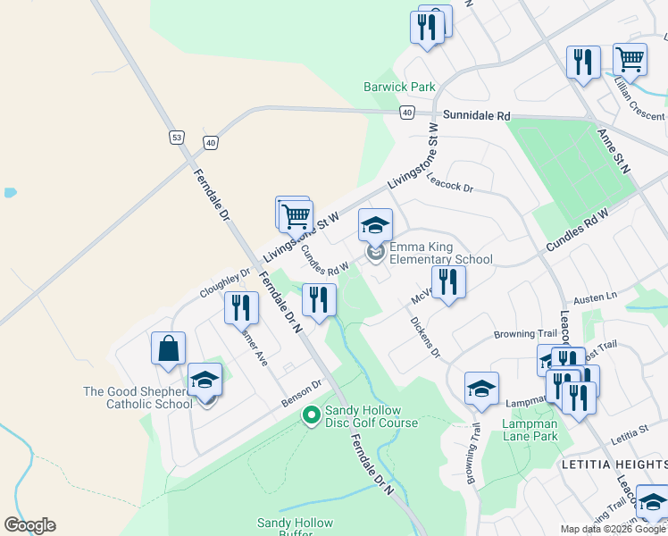 map of restaurants, bars, coffee shops, grocery stores, and more near 8 McCutcheon Court in Barrie