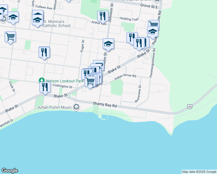 map of restaurants, bars, coffee shops, grocery stores, and more near in Barrie