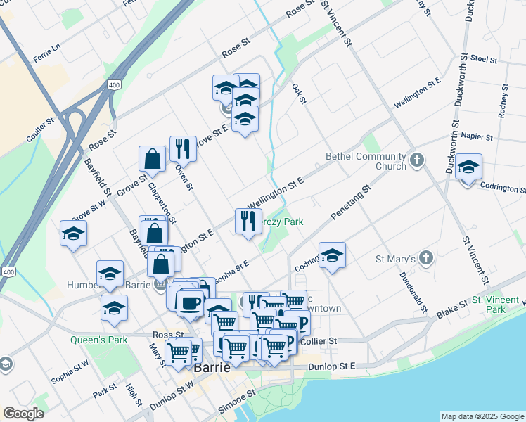 map of restaurants, bars, coffee shops, grocery stores, and more near 95 Wellington Street East in Barrie