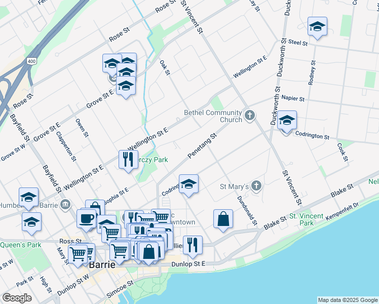map of restaurants, bars, coffee shops, grocery stores, and more near 56 Penetang Street in Barrie