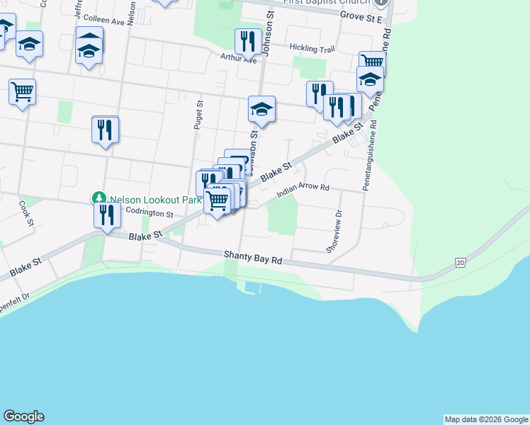 map of restaurants, bars, coffee shops, grocery stores, and more near in Barrie