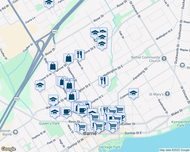 map of restaurants, bars, coffee shops, grocery stores, and more near 8 Gunn Street in Barrie