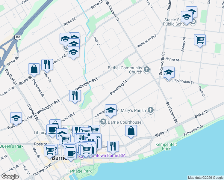 map of restaurants, bars, coffee shops, grocery stores, and more near 58 Penetang Street in Barrie