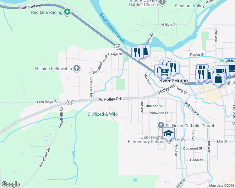 map of restaurants, bars, coffee shops, grocery stores, and more near 1300 Westwood Lane in Sweet Home