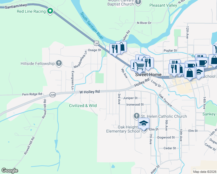 map of restaurants, bars, coffee shops, grocery stores, and more near 1169 1st Avenue in Sweet Home