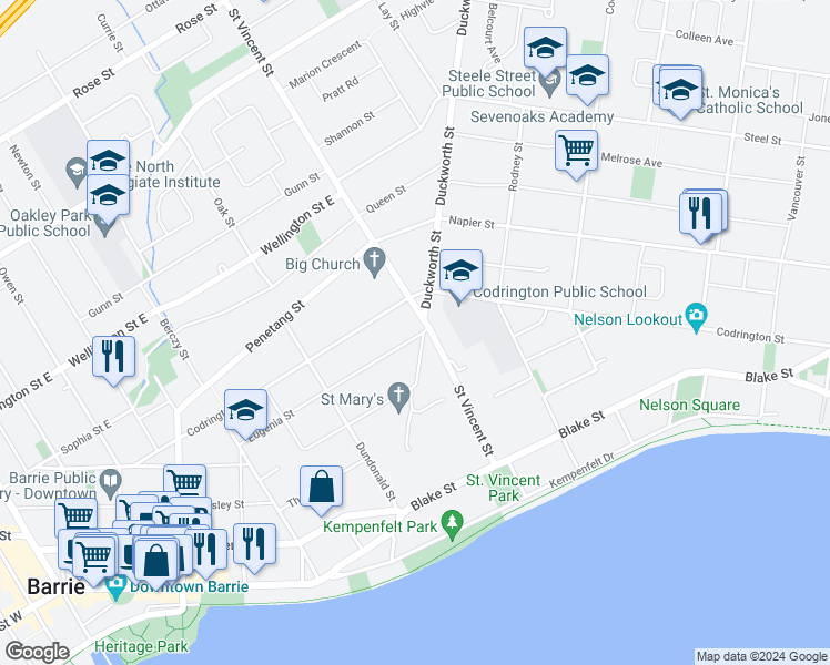 map of restaurants, bars, coffee shops, grocery stores, and more near 144 Duckworth Street in Barrie