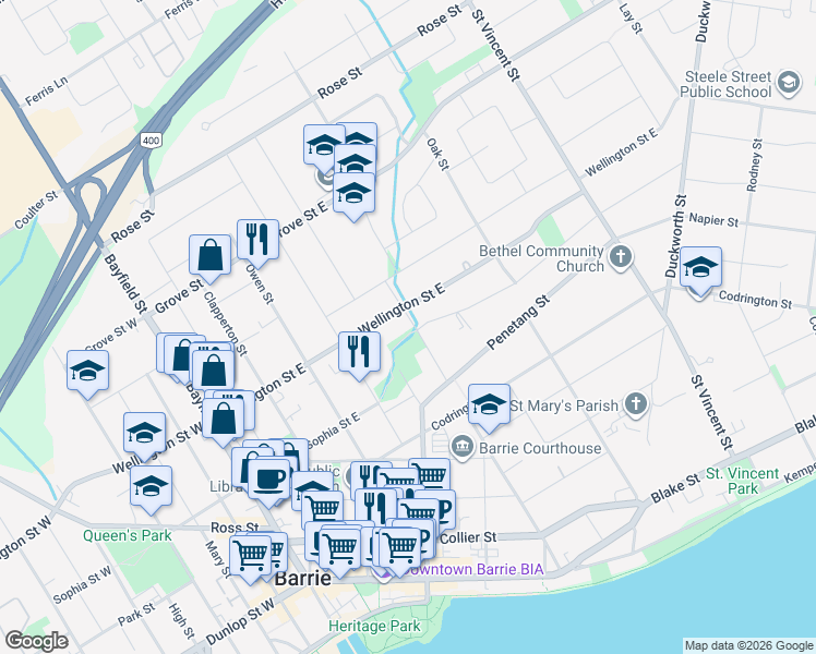 map of restaurants, bars, coffee shops, grocery stores, and more near in Barrie