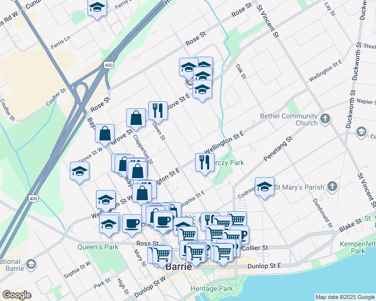 map of restaurants, bars, coffee shops, grocery stores, and more near 8 Gunn Street in Barrie