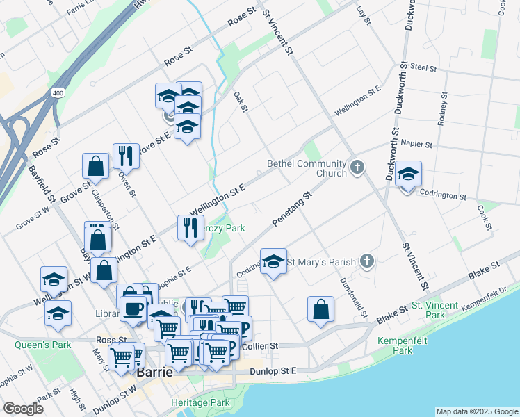 map of restaurants, bars, coffee shops, grocery stores, and more near 19 Queen Street in Barrie