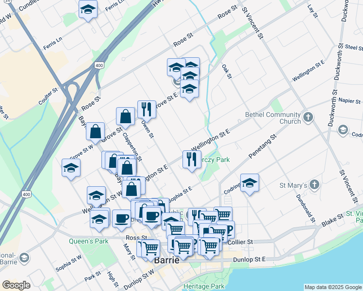 map of restaurants, bars, coffee shops, grocery stores, and more near 3 Gunn Street in Barrie