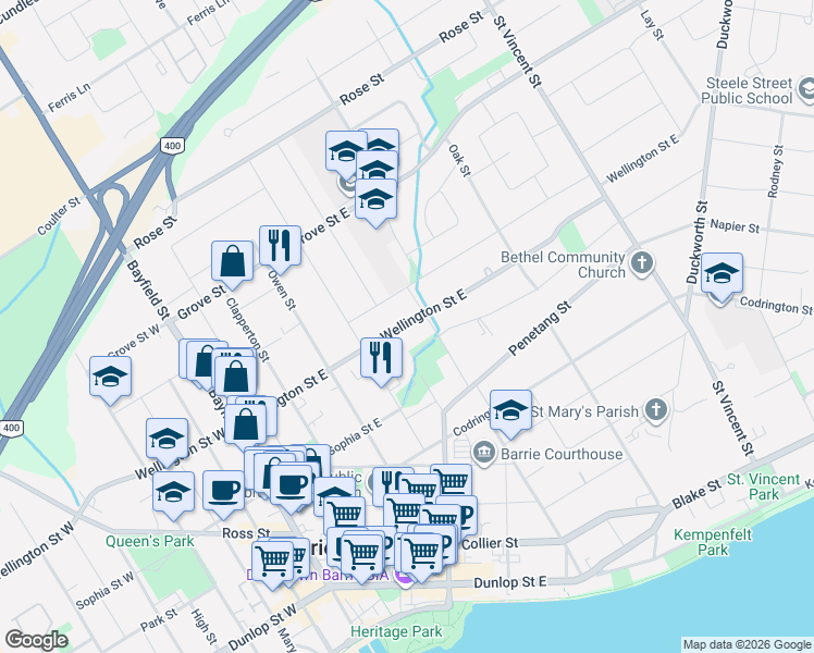 map of restaurants, bars, coffee shops, grocery stores, and more near in Barrie