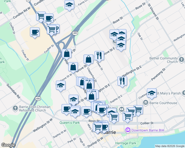 map of restaurants, bars, coffee shops, grocery stores, and more near in Barrie