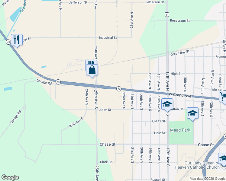 map of restaurants, bars, coffee shops, grocery stores, and more near 2310-2350 West Grand Avenue in Wisconsin Rapids