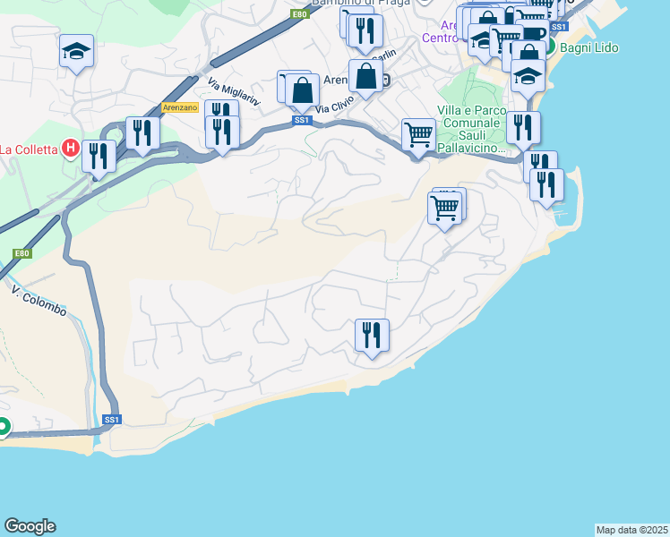 map of restaurants, bars, coffee shops, grocery stores, and more near 47 Via della Pineta in Arenzano