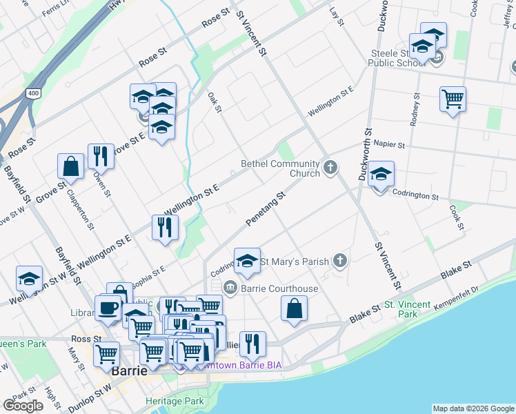 map of restaurants, bars, coffee shops, grocery stores, and more near 66 Penetang Street in Barrie