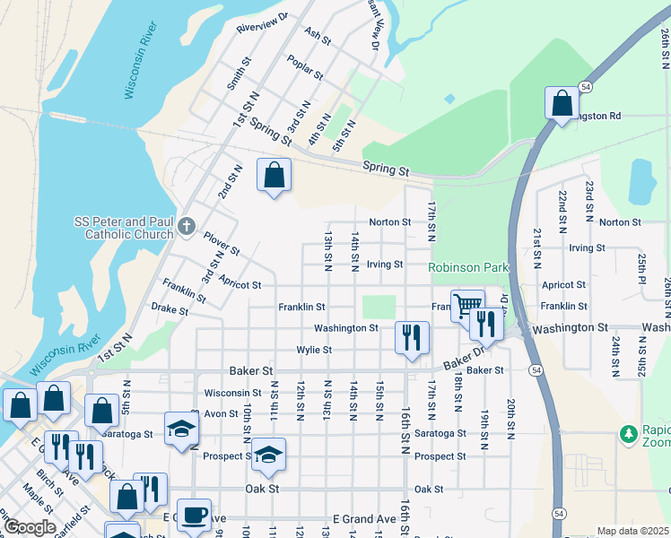map of restaurants, bars, coffee shops, grocery stores, and more near 1251 Irving Street in Wisconsin Rapids