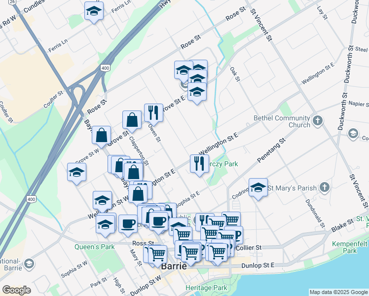 map of restaurants, bars, coffee shops, grocery stores, and more near Peel Street in Barrie