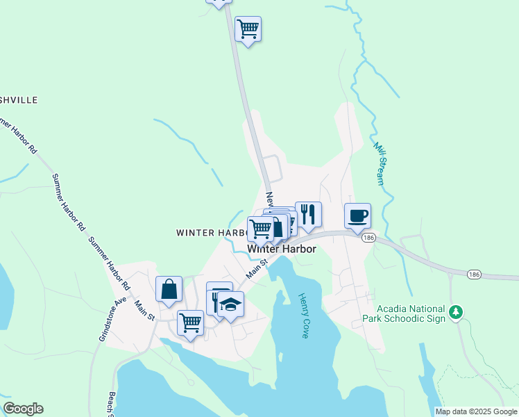 map of restaurants, bars, coffee shops, grocery stores, and more near 49 Newman Street in Winter Harbor