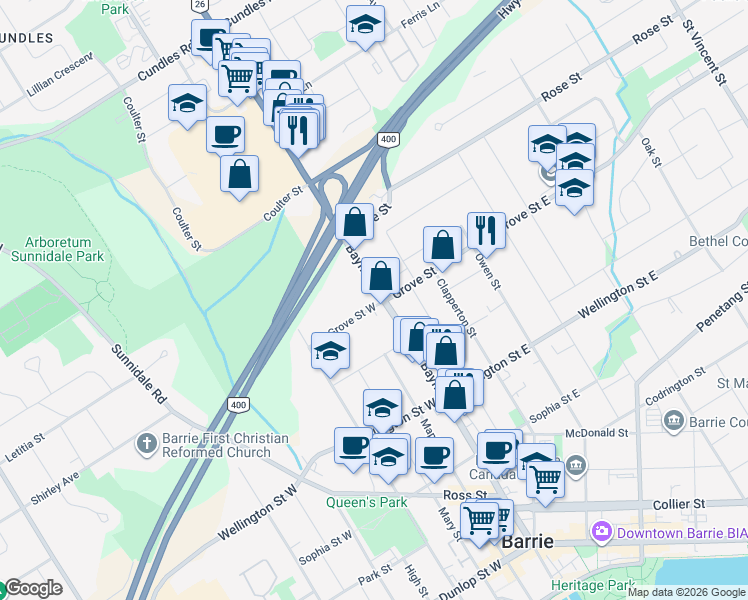 map of restaurants, bars, coffee shops, grocery stores, and more near 228 Bayfield Street in Barrie