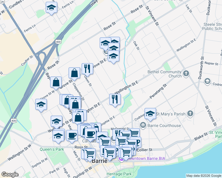 map of restaurants, bars, coffee shops, grocery stores, and more near 9 Gunn Street in Barrie