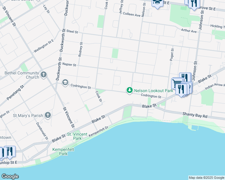 map of restaurants, bars, coffee shops, grocery stores, and more near 322 Codrington Street in Barrie