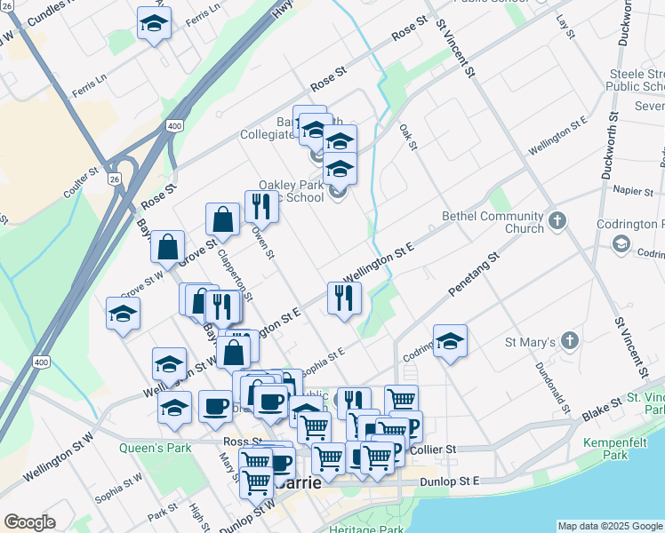 map of restaurants, bars, coffee shops, grocery stores, and more near 8 Gunn Street in Barrie