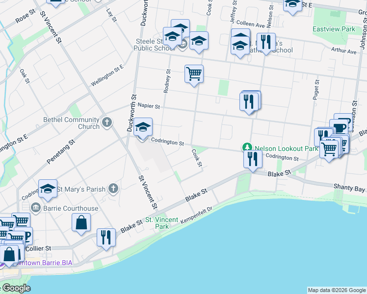 map of restaurants, bars, coffee shops, grocery stores, and more near 271 Codrington Street in Barrie