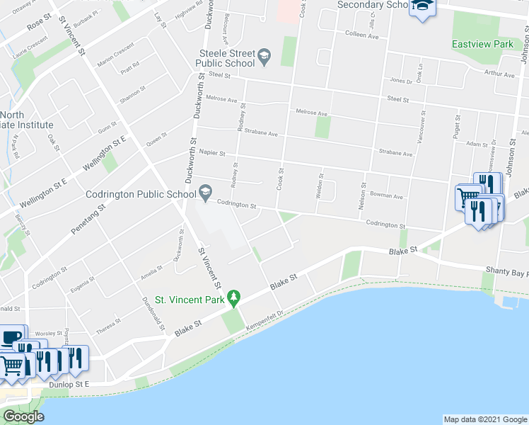 map of restaurants, bars, coffee shops, grocery stores, and more near 271 Codrington Street in Barrie